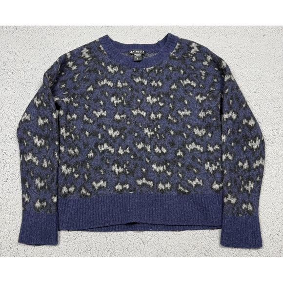 Athleta Sweaters - Athleta Sweater Womens Small Petite Blue Hawthorn Crew Merino Wool Leopard